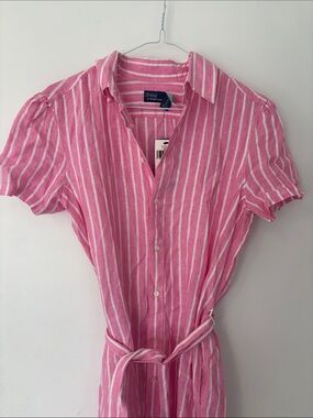 Polo by Ralph Lauren Pink and White Striped Short-Sleeve Button Dress